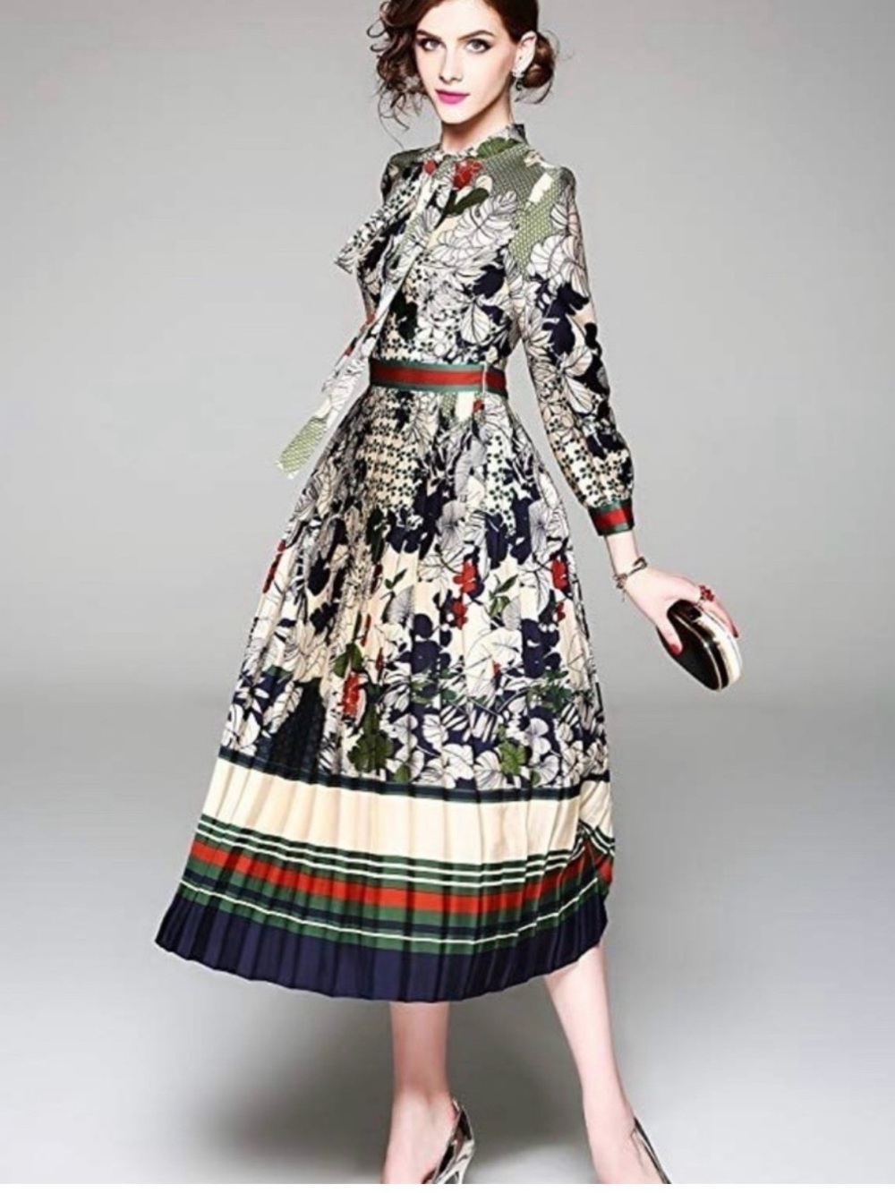 Lai Meng Five Cats Tan Botanical Print Midi Dress